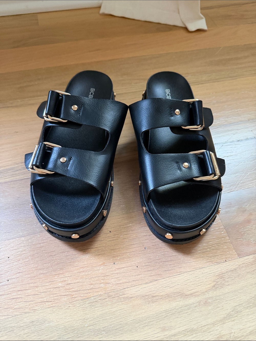 BCBGeneration Black Double-Buckle Studded Platform Sandals